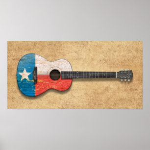 Akustisk gitarr för åldrig och sliten Texas flagga Poster