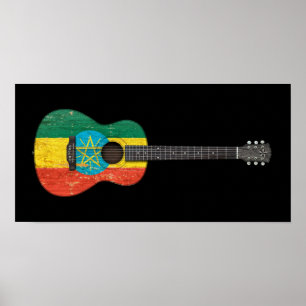 Akustisk gitarr för sliten etiopisk flagga, svart poster
