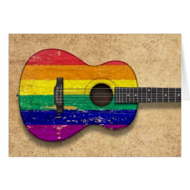 Akustisk gitarr för sliten regnbågegay prideflagga hälsningskort (Framsidan Horizontal)