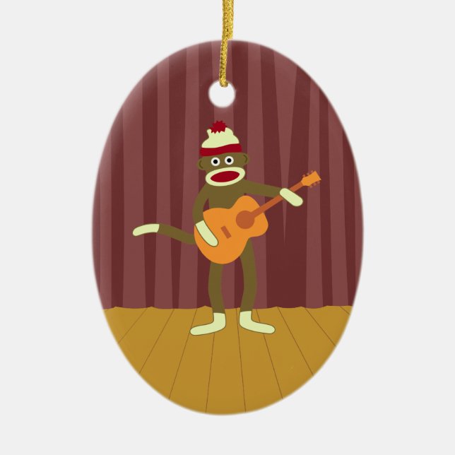 Akustisk gitarr för sock monkey julgransprydnad keramik (Framsidan)