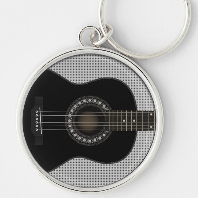Akustisk gitarr Keychain Rund Silverfärgad Nyckelring (Framsidan)