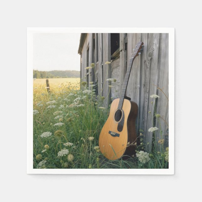 Akustisk gitarr lutande mot en lanthandel pappersservett (Framsidan)