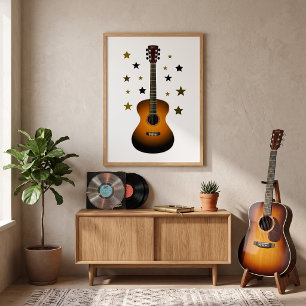Akustisk Gitarr Sunburst Guld Svarta Stjärnor Musi Poster