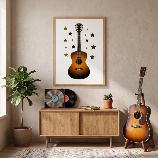 Akustisk Gitarr Sunburst Guld Svarta Stjärnor Musi Poster (Skapare uppladdad)