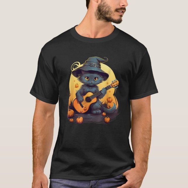 Akustisk Guitar Jamming Musician för Cute Cat-upps T Shirt (Framsida)