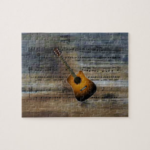 Akustisk Guitar~Sheet musik på Barnwood bakgrund Pussel