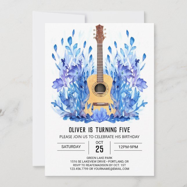 Akustisk Whimsical Gitarr Pojke Födelsedag Inbjudningar (Framsida)