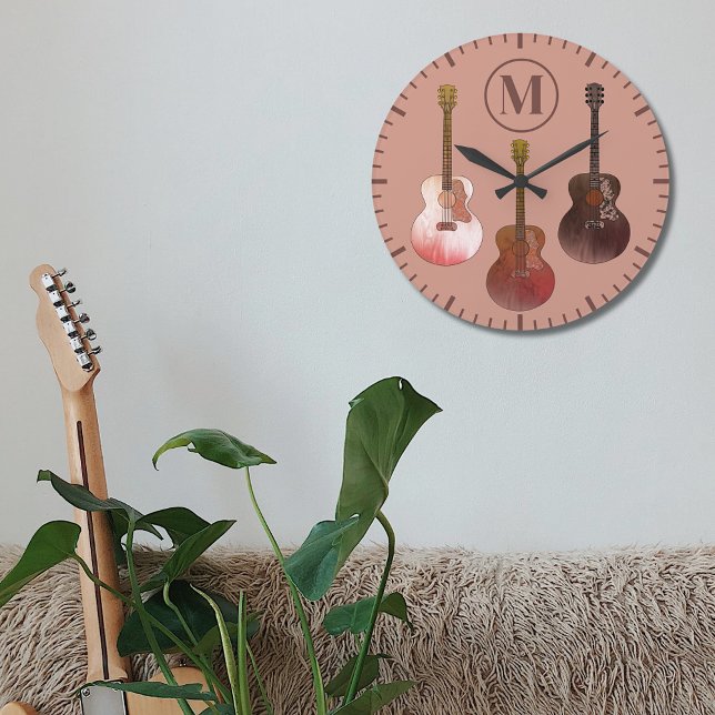 Akustiska gitarrer personlig Rustic Brown Stor Klocka (Acoustic guitar custom monogram initial rustic brown wall clock for guitarist musicians)