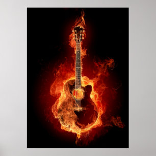 Akustiskt gitarr i flamma poster