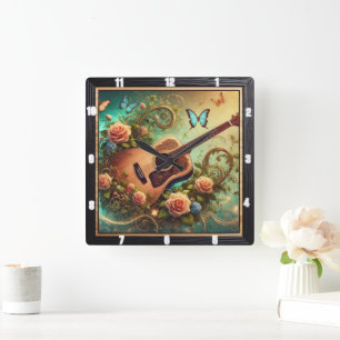 Akustiskt gitarr, rundade blommor och fjärilar fyrkantig klocka