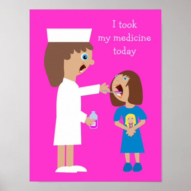 Akut Tecknad Sjuksköterska Ge barnmedicin Poster (Framsidan)