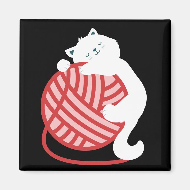Akut vit katt av garn boll magnet (Framsidan)