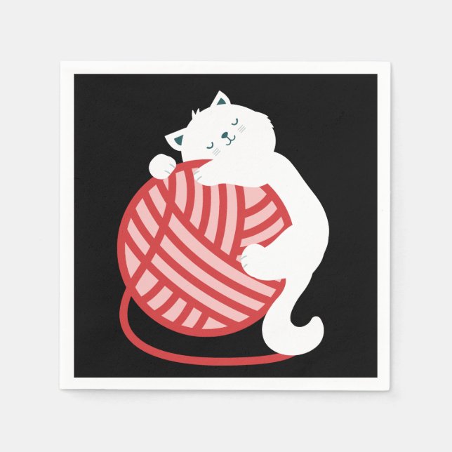 Akut vit katt av garn boll pappersservett (Framsidan)