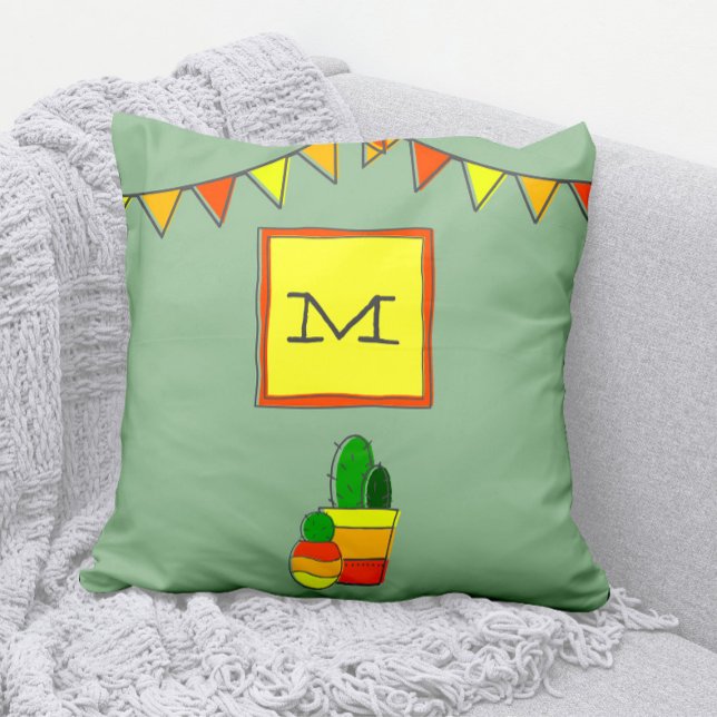 Akutdragna kaktus + monogram festive Fiesta Kudde (Fun Fiesta Green, Yellow, Red, and Orange Modern Monogram  Throw Pillow)