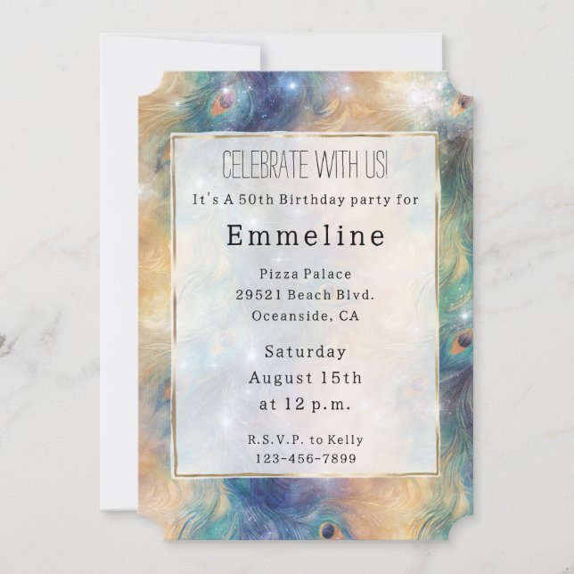 Akva Blue Guld Peacock Feathers 50:e födelsedagen Inbjudningar (Framsida)