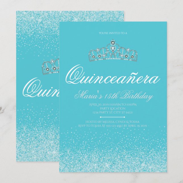 Akva Glitter, Quinceanera-inbjudan Inbjudningar (Fram/baksida)