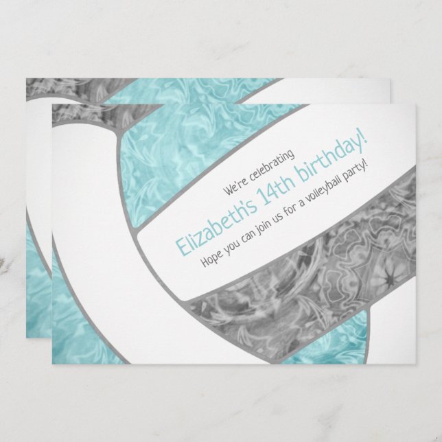 akva grå tjejaktig volleyboll födelsedagsfest inbjudningar (Fram/baksida)