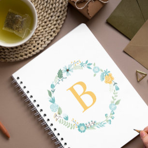 Akva och Gult Utandning av monogrammad Blommigt Anteckningsbok