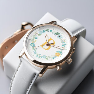 Akva och Gult Utandning av monogrammad Blommigt Armbandsur
