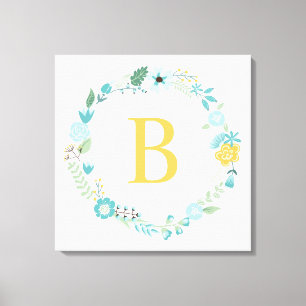 Akva och Gult Utandning av monogrammad Blommigt Canvastryck