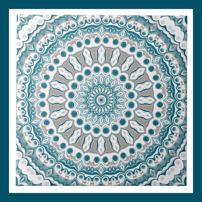 Akva och Taupe Mandala Mönsterdesign Kakelplatta (Skapare uppladdad)