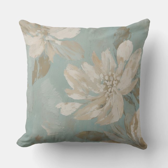 Akvablå Beige Kräm Abstrakt Blommig Kudde (Framsida)