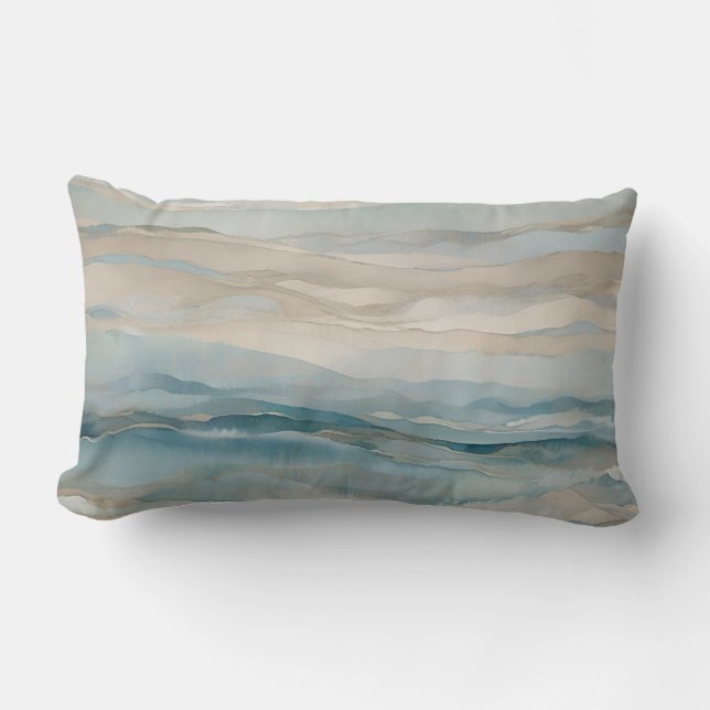Akvablå Beige Teal Kräm Abstrakt Våg Mönster Lumbarkudde (Framsida)