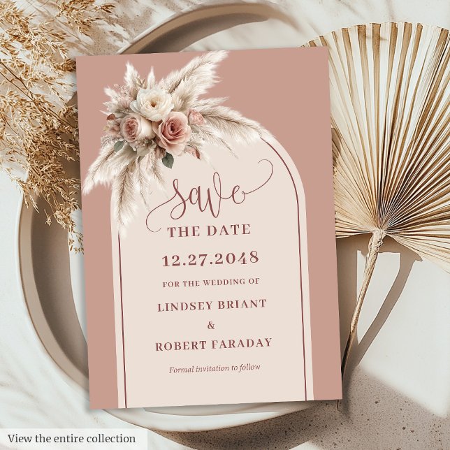 Akvafärg Rosa Pampasgräs Båg Bröllop Spara  Inbjudningar (Watercolor Pink Pampas Grass Arch Wedding Save Date)