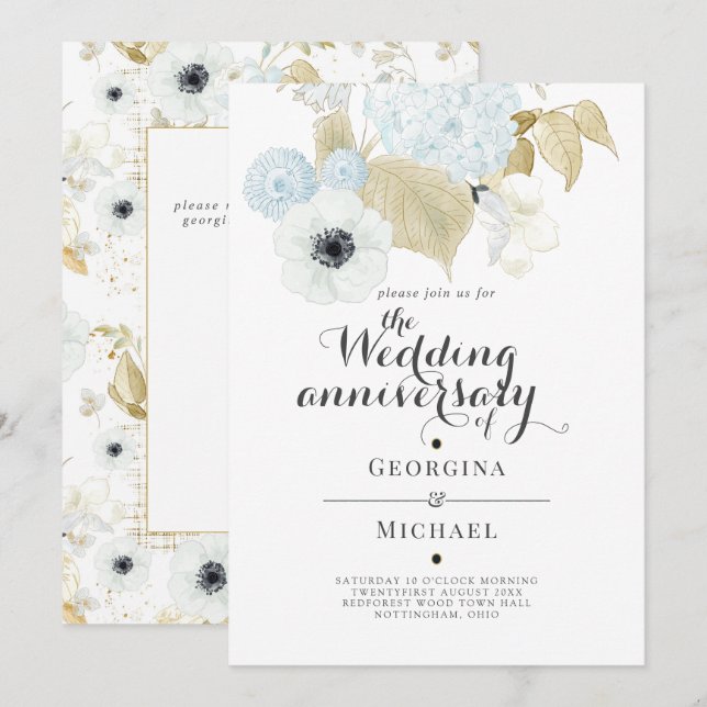 Akvamarin Blå Guld Blommig BRöllopsdag Inbjudningar (Fram/baksida)