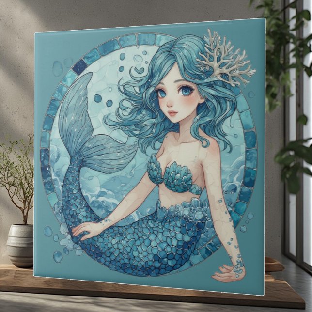 Akvamarin Blått Öga Siren Tropiskt Hav Koraller Kakelplatta (Aquamarine Blue Eye Mermaid Tropical Ocean Corals Ceramic Tile)