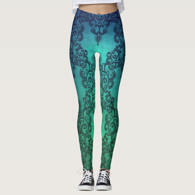 Akvamarin Drömmar Damask Boho Stil Leggings (Framsida)