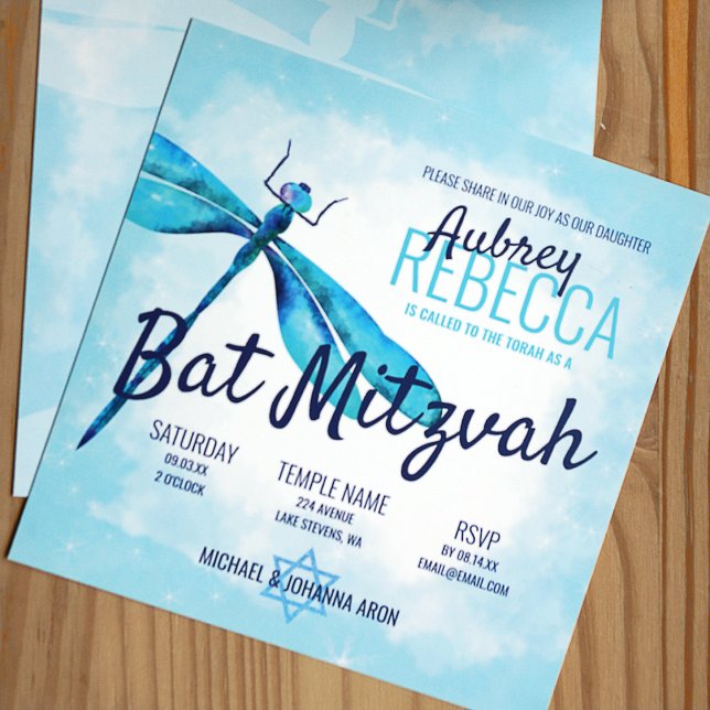 Akvamarin och marinblå Trollslända Bat Mitzvah Inbjudningar (Turquoise and blue sparkly bat mitzvah invitation with dragonfly)