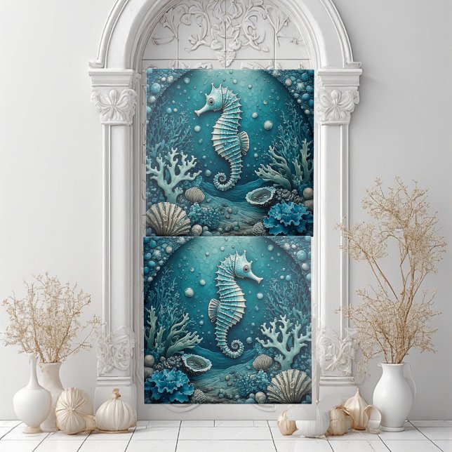 Akvamarin Sjöhäst Kust Snigelskal Koraller Rev Kakelplatta (Aquamarine Seahorse Coastal Seashells Corals Reef Ceramic Tile)