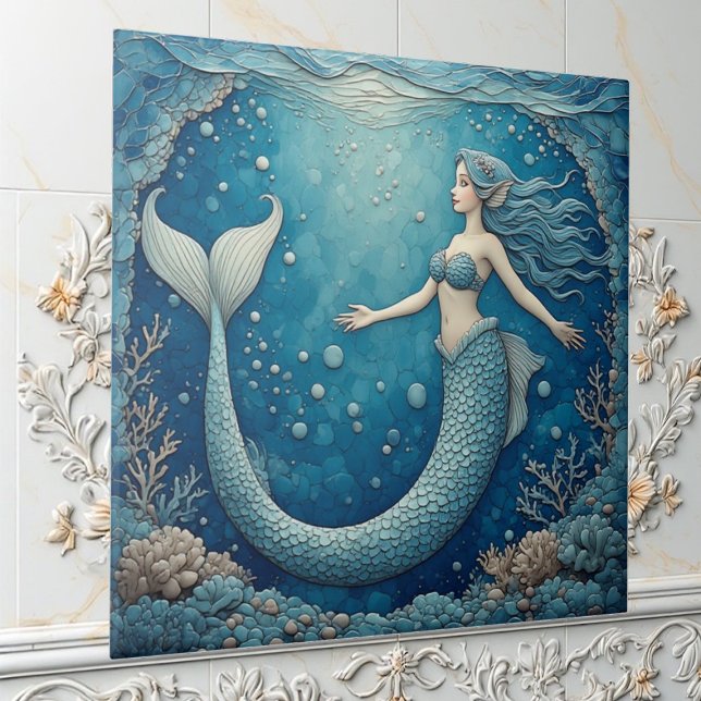 Akvamarin Sjöjungfru Hav Mosaik Iriserande Alkov Kakelplatta (Aquamarine Mermaid Ocean Mosaic Iridescent Alcove Ceramic Tile)