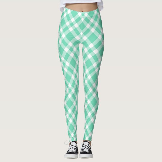 Akvamarin vit rutig mönster leggings (Framsida)