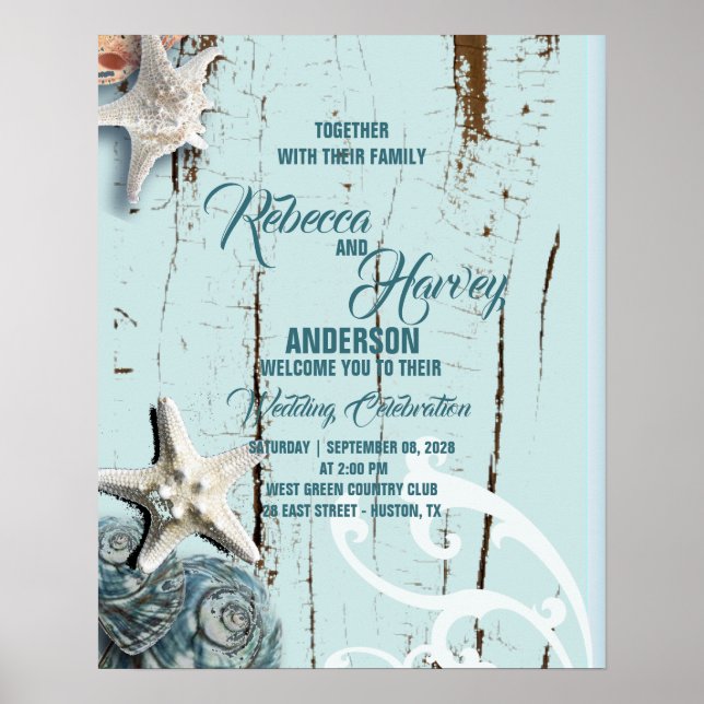 akvamarinblå snigelskal strand bröllop välkommen poster (Framsidan)