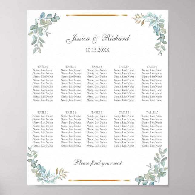 Akvarell 10 Bords Sittplatsschema Affisch Skylt (Framsidan)