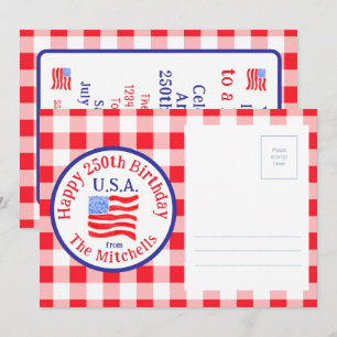 Akvarell 250 Födelsedag US Flagga Röd Gingham Julk Inbjudningar