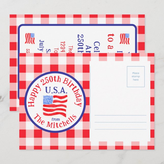 Akvarell 250 Födelsedag US Flagga Röd Gingham Julk Inbjudningar (Fram/baksida)