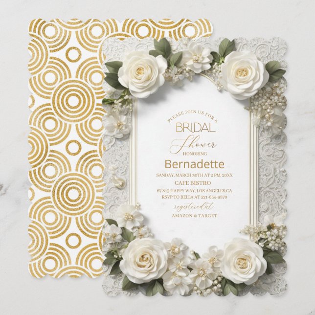 Akvarell 3D vita blommor guld Bröllopsdusch Inbjudningar (Fram/baksida)