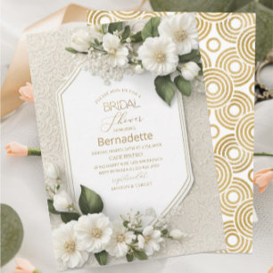 Akvarell 3D vita blommor guld Bröllopsfest Inbjudningar
