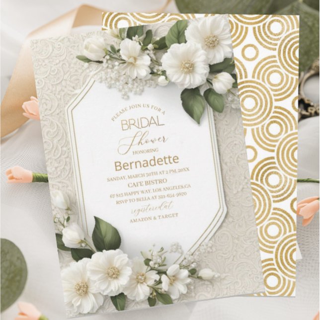 Akvarell 3D vita blommor guld Bröllopsfest Inbjudningar (Skapare uppladdad)
