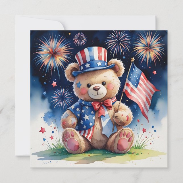 Akvarell 4 juli Patriotisk Teddybjörn  Julkort (Framsida)