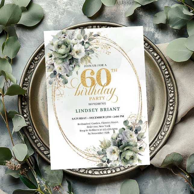 Akvarell 60-års födelsedags botanisk grön inbjudan (Watercolor 60th Birthday Botanical Green Invite

)