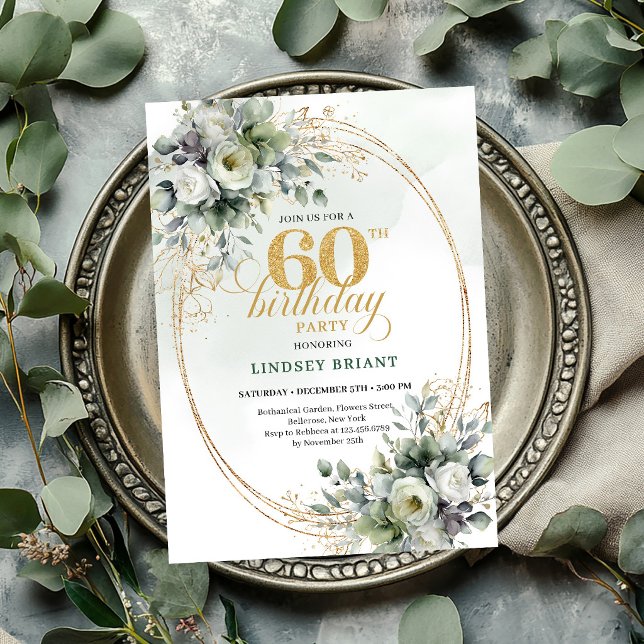 Akvarell 60-års födelsedagsfirande Boho Grön Inbju Inbjudningar (Watercolor 60th Birthday Boho Green Invite

)