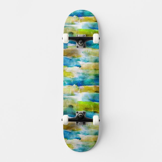Akvarell abstrakt grön, blå mini skateboard bräda 18,7 cm (Framsida)