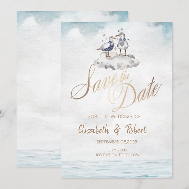 Akvarell Akvarell Måsar Strand Save The Date Spara Datumet (Fram/baksida)