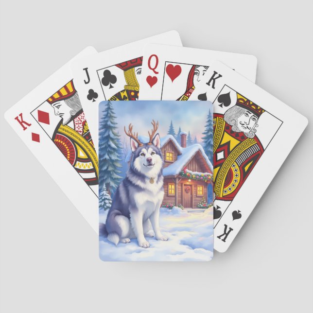 Akvarell Alaskan Malamute Ren Jul Casinokort (Baksidan)