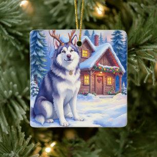 Akvarell Alaskan Malamute Ren Jul Julgransprydnad Keramik