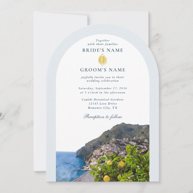 Akvarell Amalfi-kusten Båge Italien Citroner Bröll Inbjudningar (Framsida)